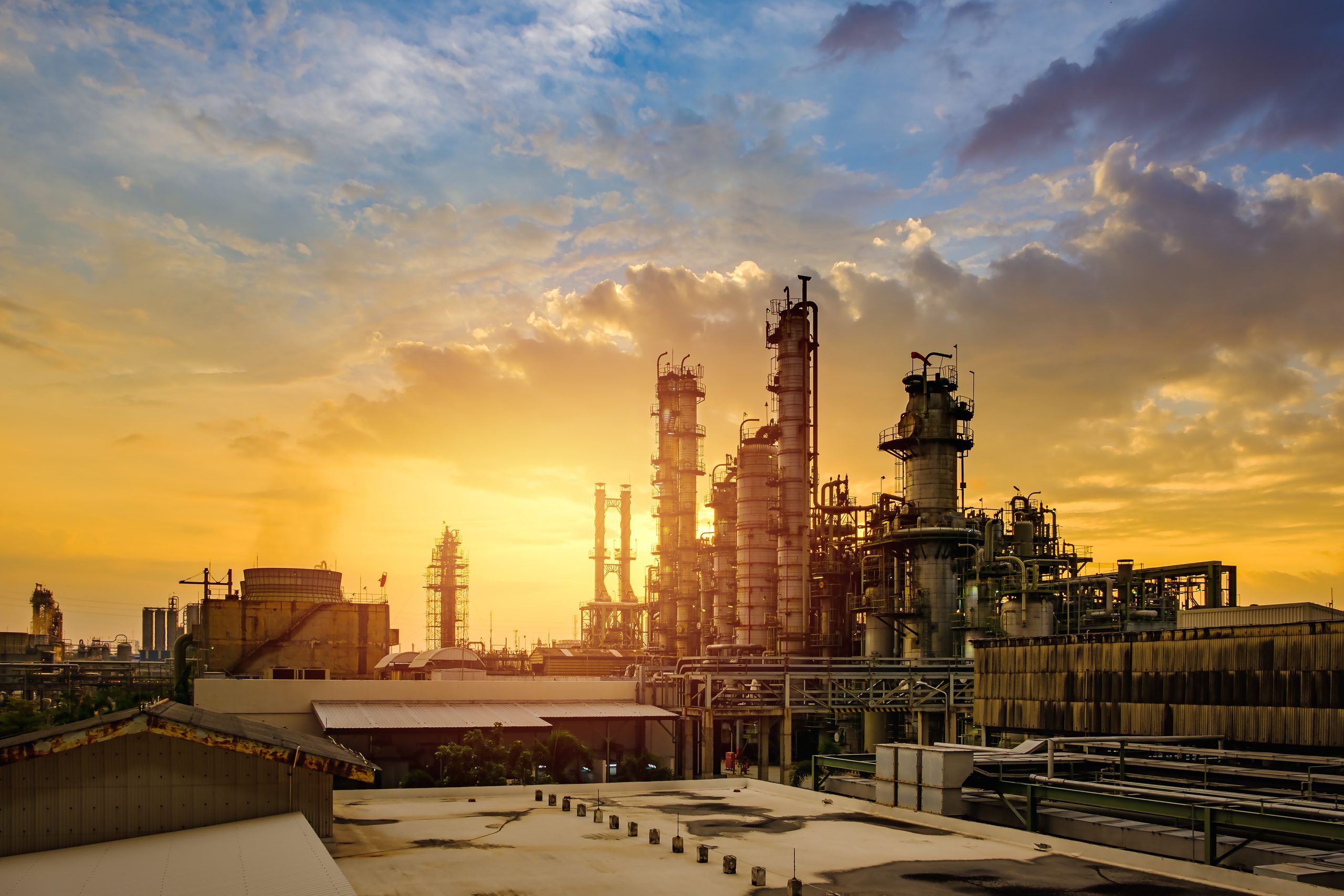 Petrochemical industry with sunset, Factory of refinery plant